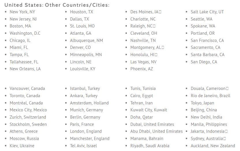 United States:Other Countries/Cities List